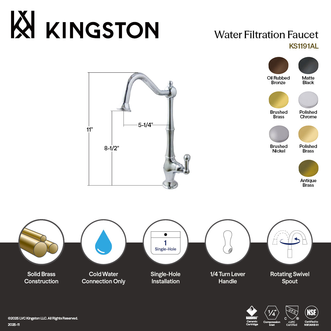 Kingston Heirloom KS1197AL - Heritage Single-Handle 1-Hole Deck Mount Water Filtration Faucet, Brushed Brass — thumbnail 2
